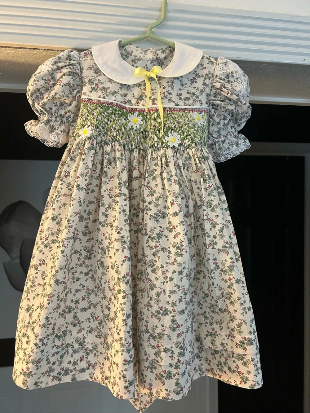 Vintage Cream Floral Smocked Dress with Yellow Bow